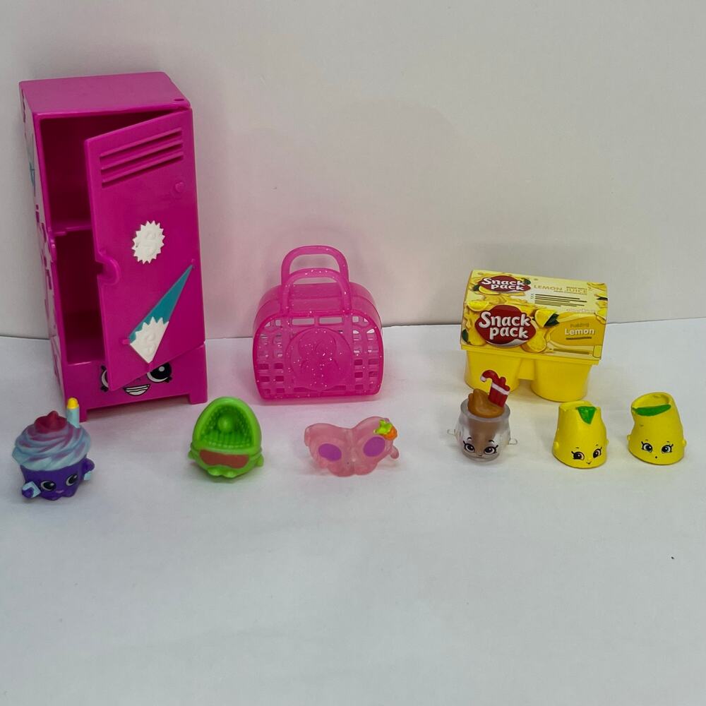 Shopkins Lot Pink Locker Basket Snack Pack Pudding Cupcake Figures‎ Accessories